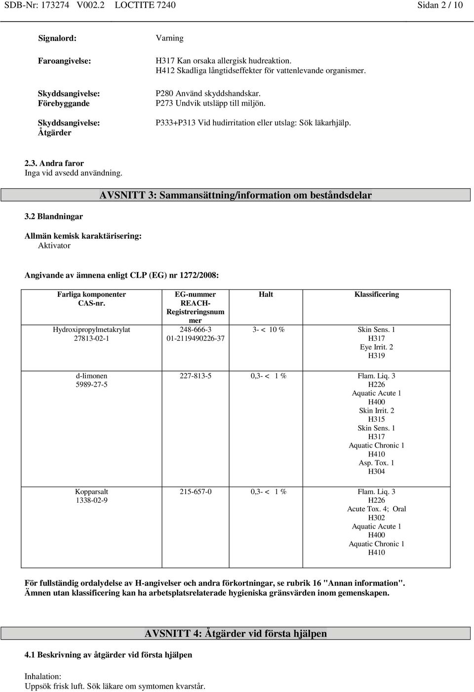 3.2 Blandningar Allmän kemisk karaktärisering: Aktivator AVSNITT 3: Sammansättning/information om beståndsdelar Angivande av ämnena enligt CLP (EG) nr 1272/2008: EG-nummer REACH- Registreringsnum mer