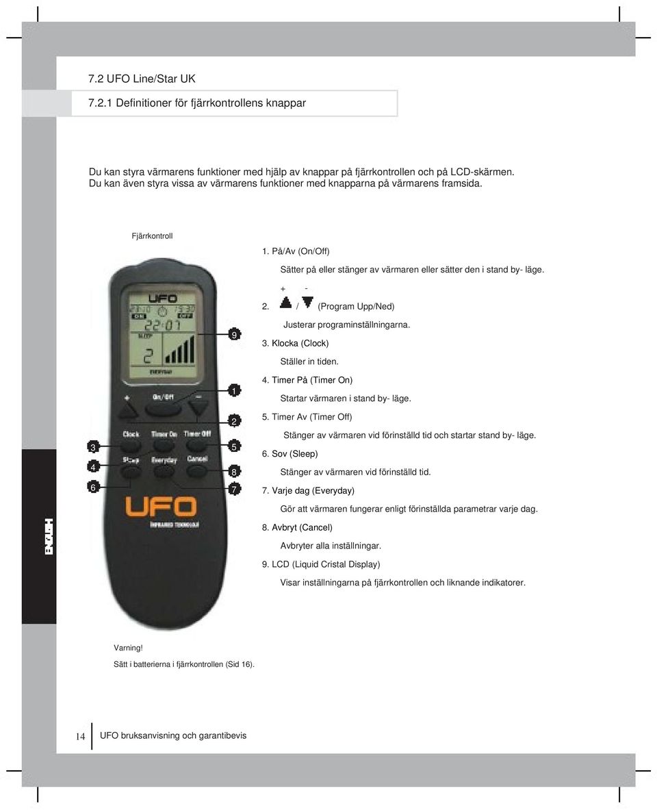 / (Program Upp/Ned) 9 Justerar programinställningarna. 3. Klocka (Clock) Ställer in tiden. 3 4 6 1 2 5 8 7 4. Timer På (Timer On) Startar värmaren i stand by- läge. 5. Timer Av (Timer Off) Stänger av värmaren vid förinställd tid och startar stand by- läge.