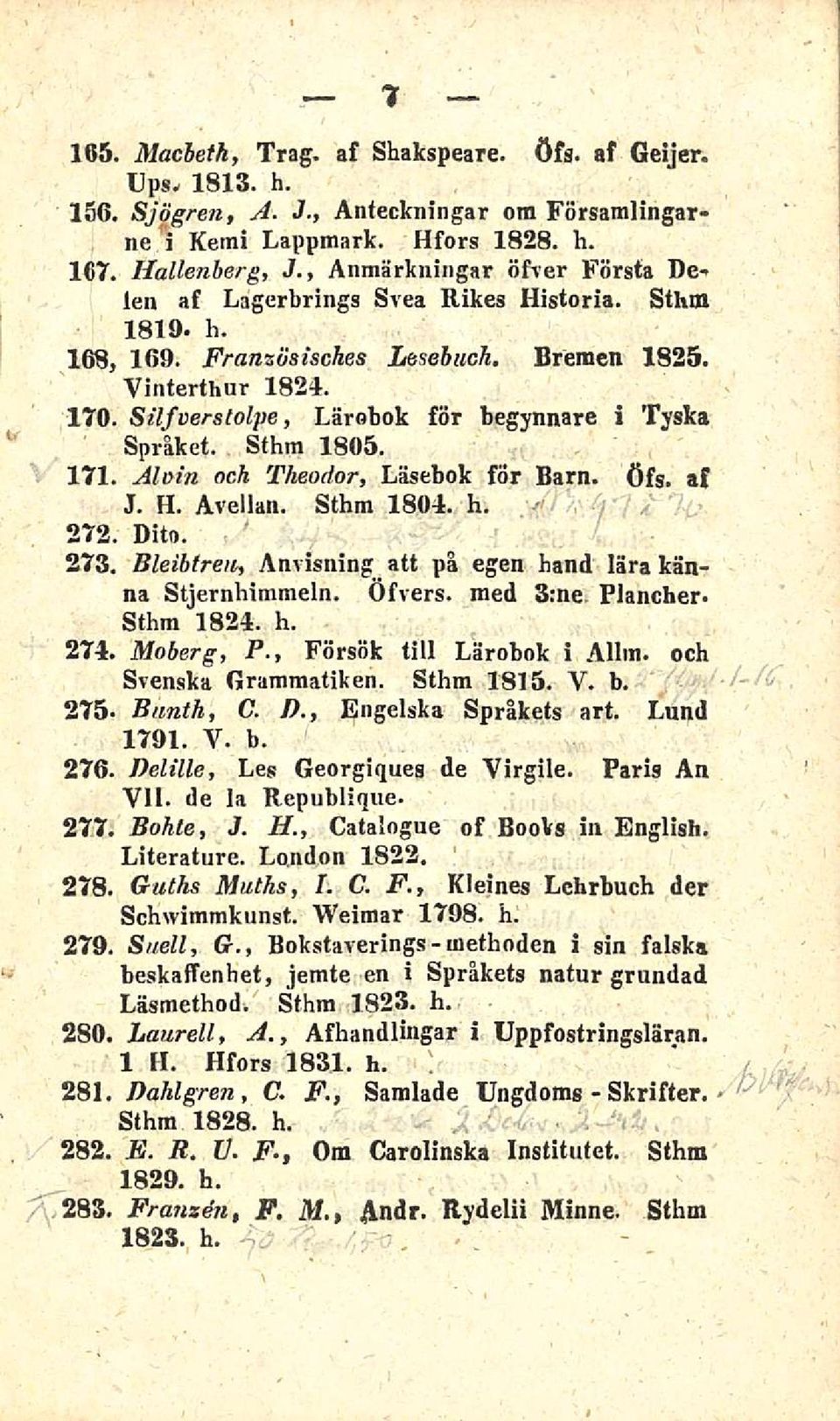 Sthm 1805. 171 Aloin och Theodor, Läsebok för Barn. Öfs. af J. H. Avellan. Sthm 1804. h. 272 Dito. 273. Bleibtreu, Anvisning att pä egen hand lära kanna Stjernhimmeln. Öfvers. med 3:ne Plancher.