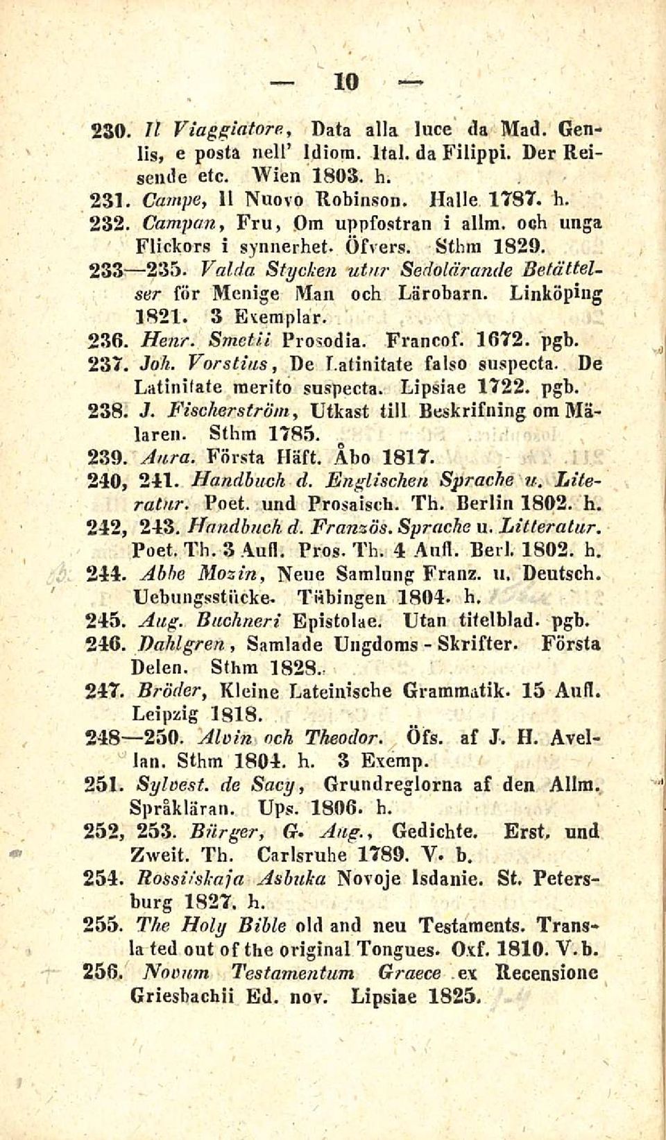 Valda Stycken utnr Sedolärande Betättelser för Menige Man och Lärobarn. Linköping 1821. 3 Exemplar. Henr. Smetii Prosodia. Francof. 1672. pgb. Joh. Vorstius, De I.atinitate falso snspecta.