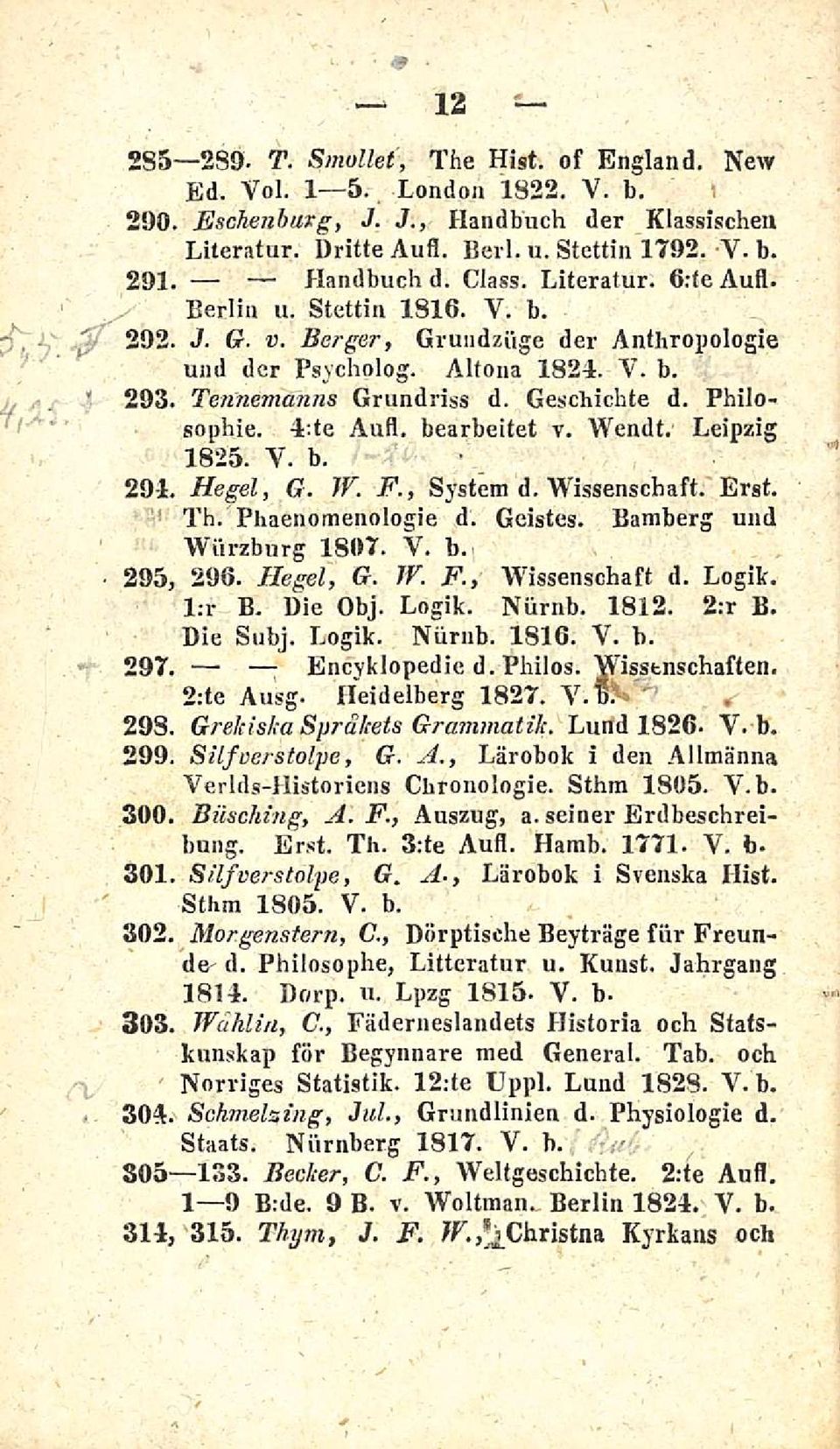 bearbeitet v. Wendt. Leipzig 1825. V. b. Hegel, G. TV. F., System d. Wissenschaft. Erst. Th. Phaenomenologie d. Geistes. Bamberg und Wiirzburg 1807. V. b. 296. Hegel, G. TV. F., Wissenschaft d. Logik.