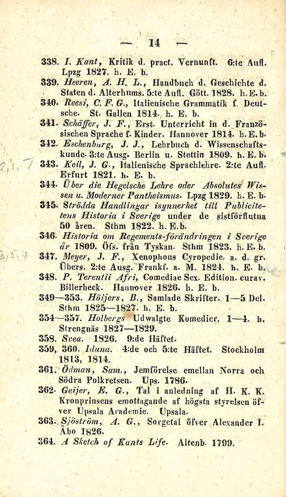 Wissenschaftskunde- 3:te Ausg. Berlin u. Stettin 1809. h. E. b. 343. Keil, 3. G-, Italienische Sprachlehre. 2:te Aufl. Erfurt 1821. h. E. b. 344- ttber die Hegelsche Lehre oder Ahsolutes Wisseti u.