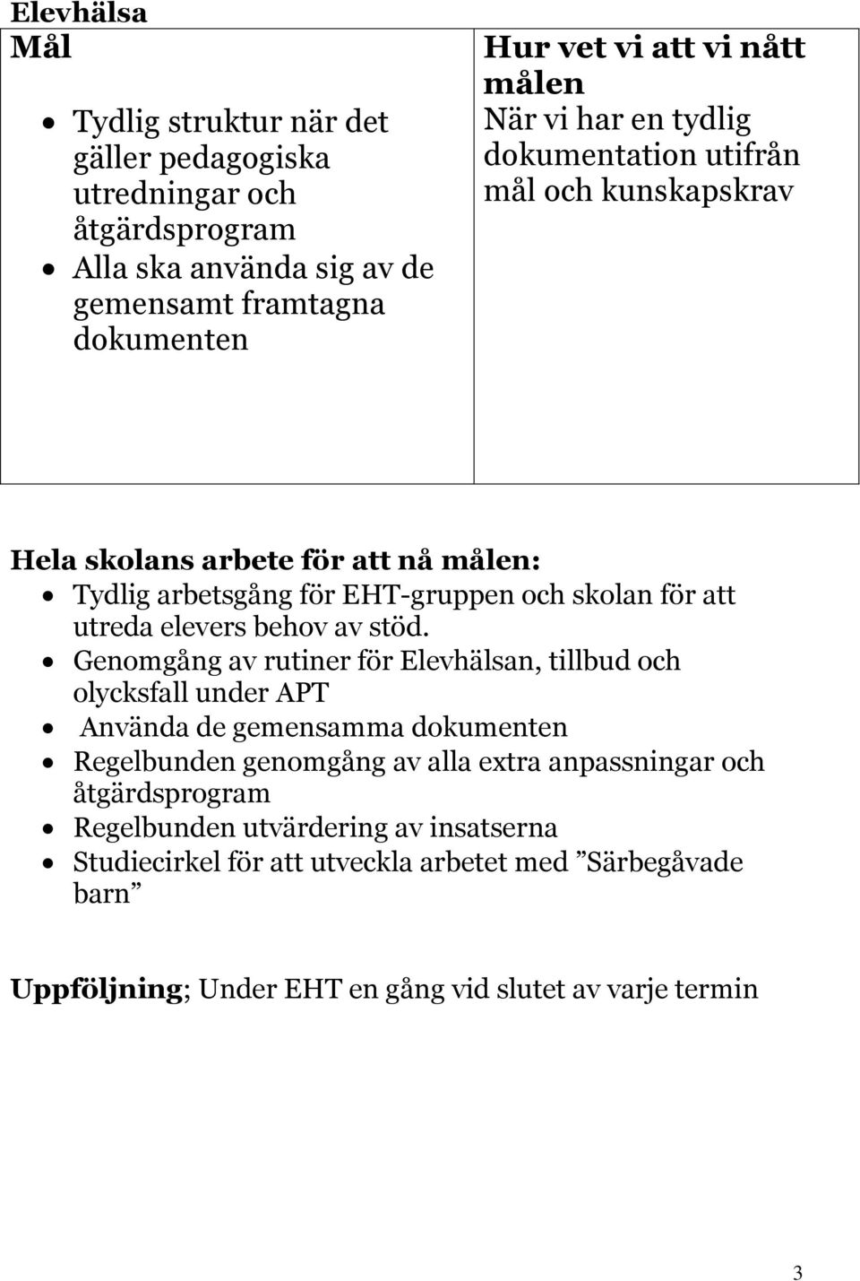 Genomgång av rutiner för Elevhälsan, tillbud och olycksfall under APT Använda de gemensamma dokumenten Regelbunden genomgång av alla extra anpassningar och