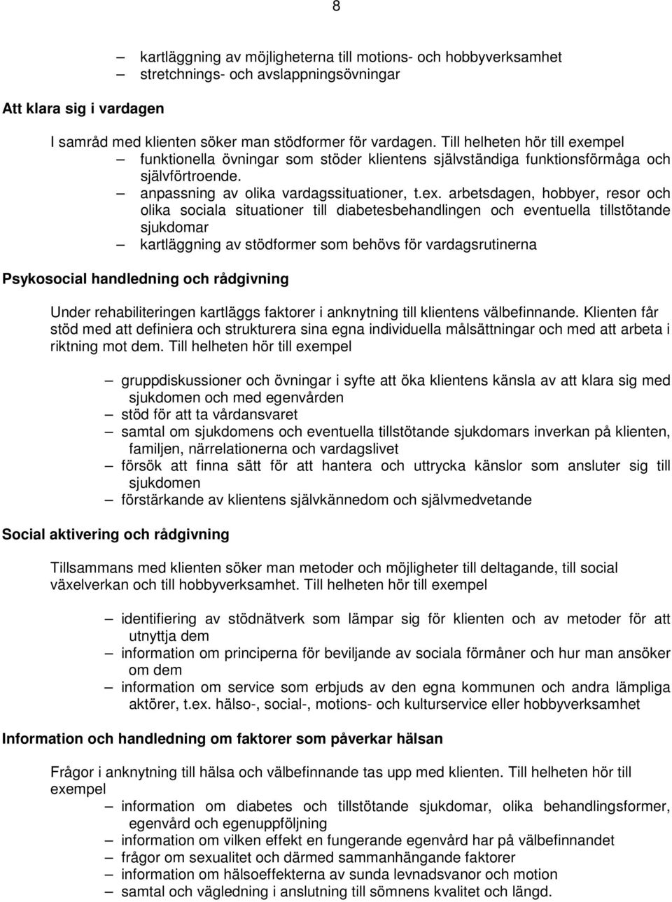 mpel funktionella övningar som stöder klientens självständiga funktionsförmåga och självförtroende. anpassning av olika vardagssituationer, t.ex.