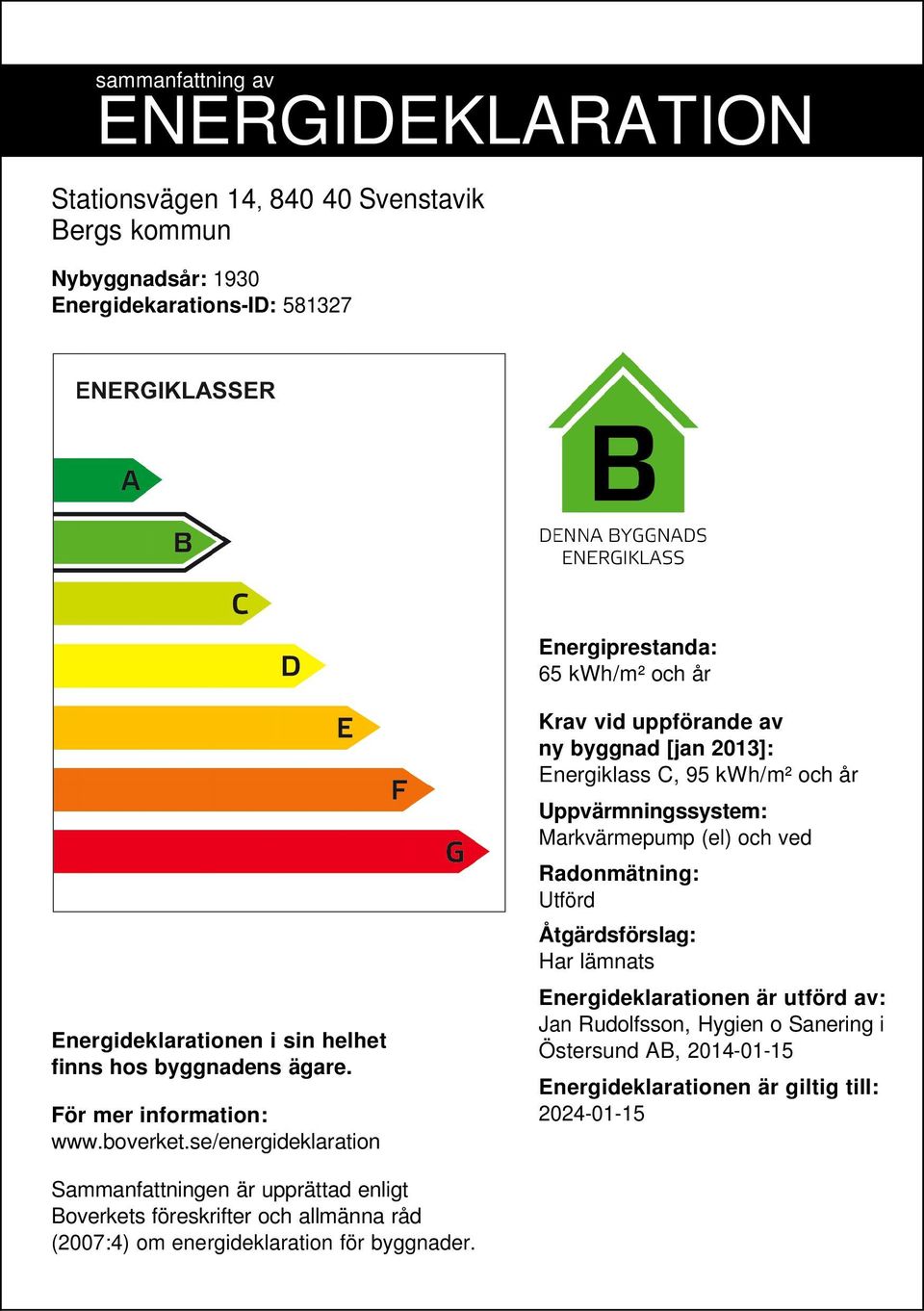 se/energideklaration Krav vid uppförande av ny byggnad [jan 2013]: Energiklass C, 95 /m² och år Uppvärmningssystem: Markvärmepump (el) och ved Radonmätning: Utförd