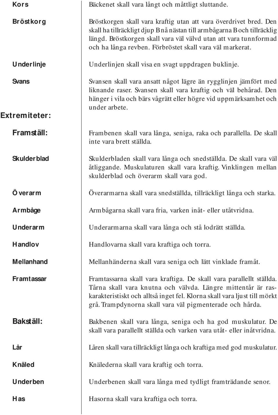 Bröstkorgen skall vara väl välvd utan att vara tunnformad och ha långa revben. Förbröstet skall vara väl markerat. Underlinjen skall visa en svagt uppdragen buklinje.