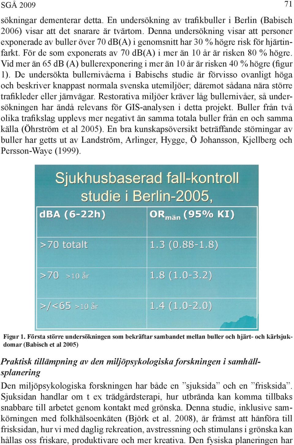 Vid mer än 65 db (A) bullerexponering i mer än 10 år är risken 40 % högre (figur 1).