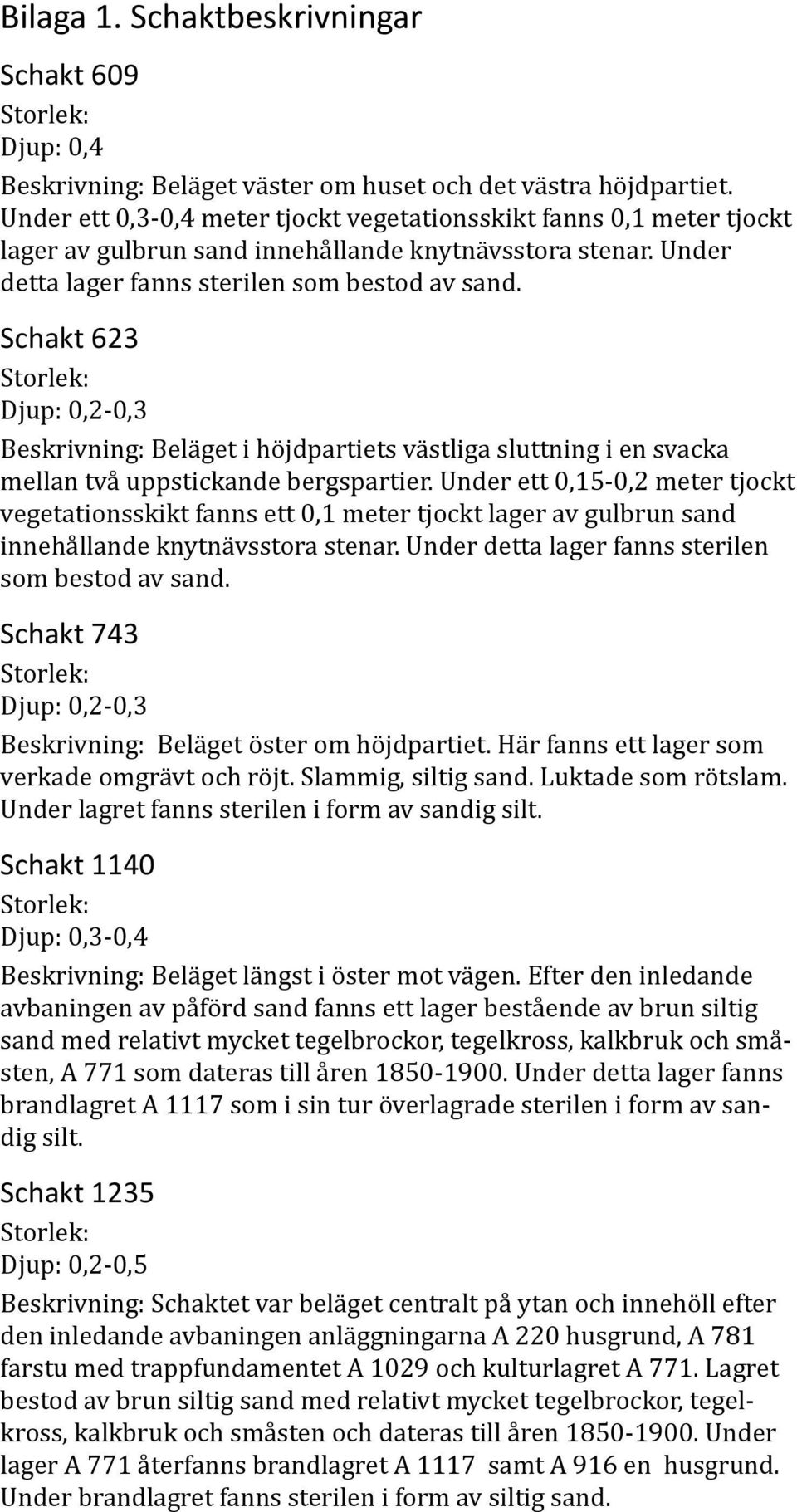 Schakt 623 Storlek: Djup: 0,2-0,3 Beskrivning: Beläget i höjdpartiets västliga sluttning i en svacka mellan två uppstickande bergspartier.