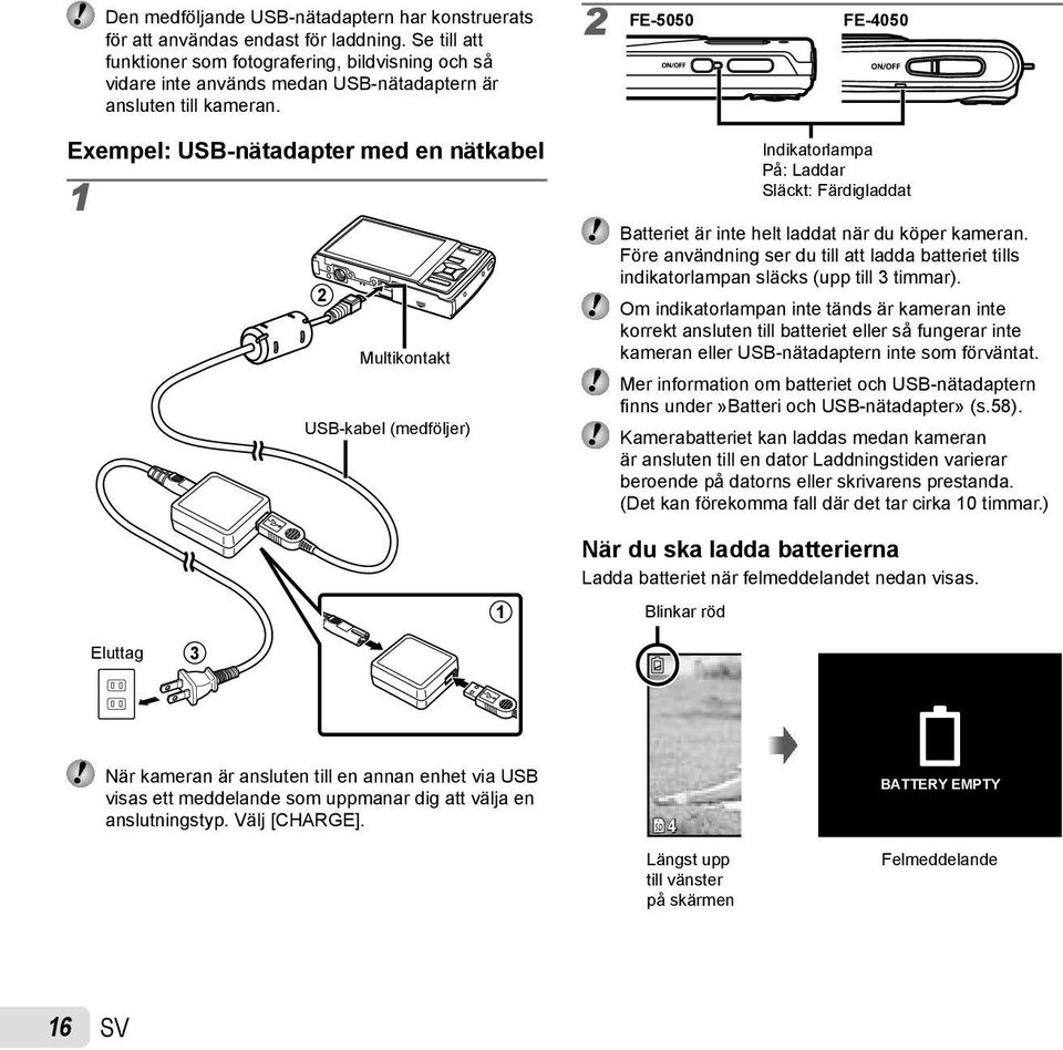 2 FE-5050 FE-4050 Exempel: USB-nätadapter med en nätkabel 1 2 Multikontakt USB-kabel (medföljer) Indikatorlampa På: Laddar Släckt: Färdigladdat Batteriet är inte helt laddat när du köper kameran.