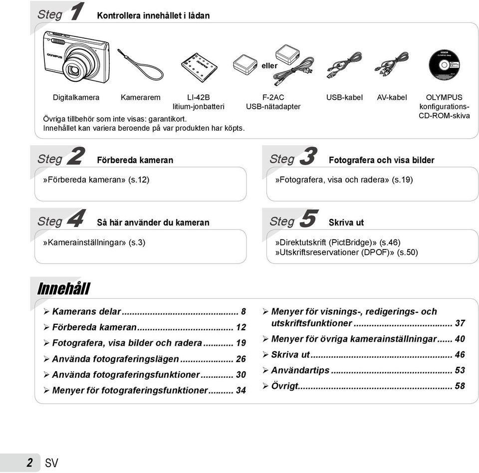 19) Steg 4 Så här använder du kameran»kamerainställningar» (s.3) Steg 5 Skriva ut»direktutskrift (PictBridge)» (s.46)»utskriftsreservationer (DPOF)» (s.50) Innehåll Kamerans delar.