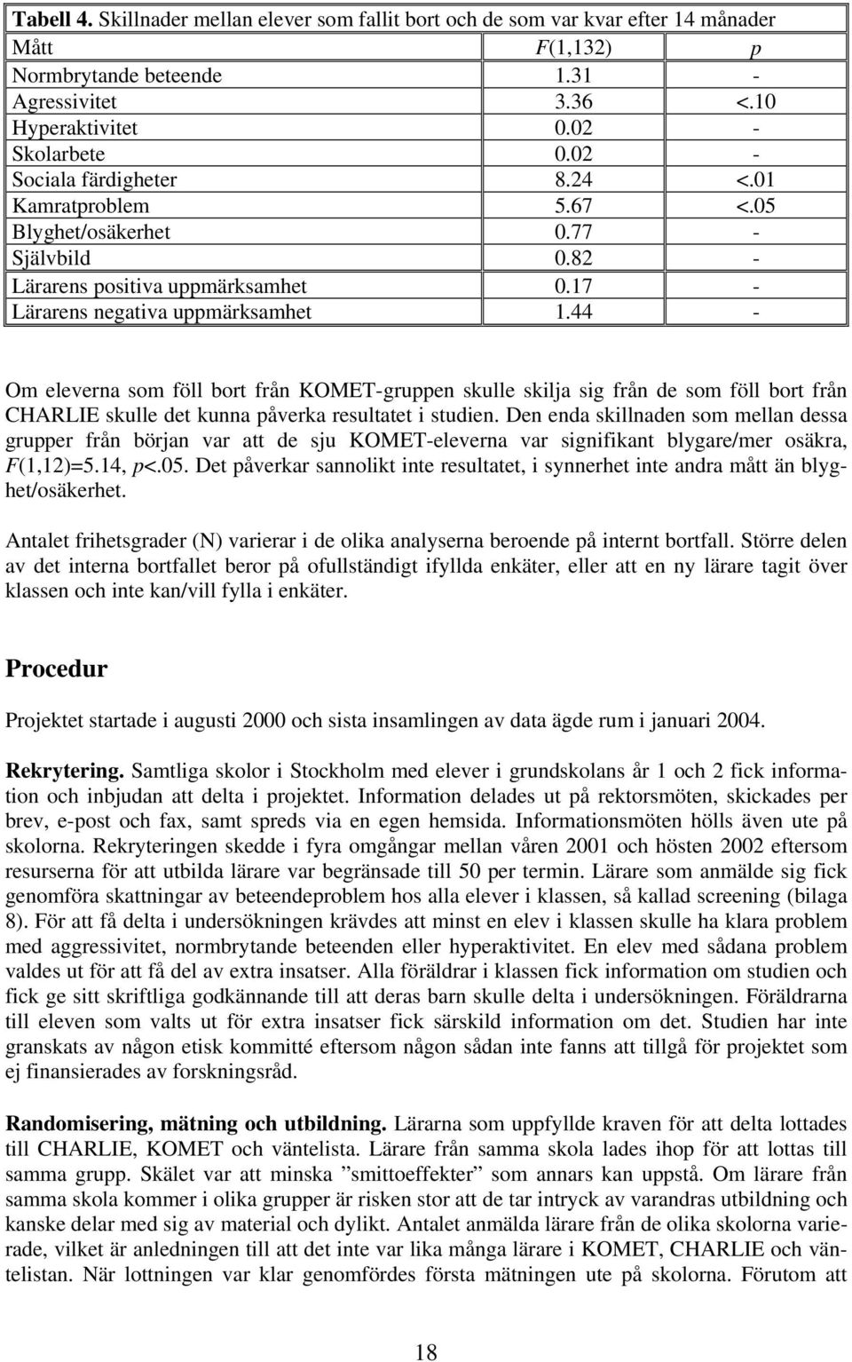 44 - Om eleverna som föll bort från KOMET-gruppen skulle skilja sig från de som föll bort från CHARLIE skulle det kunna påverka resultatet i studien.