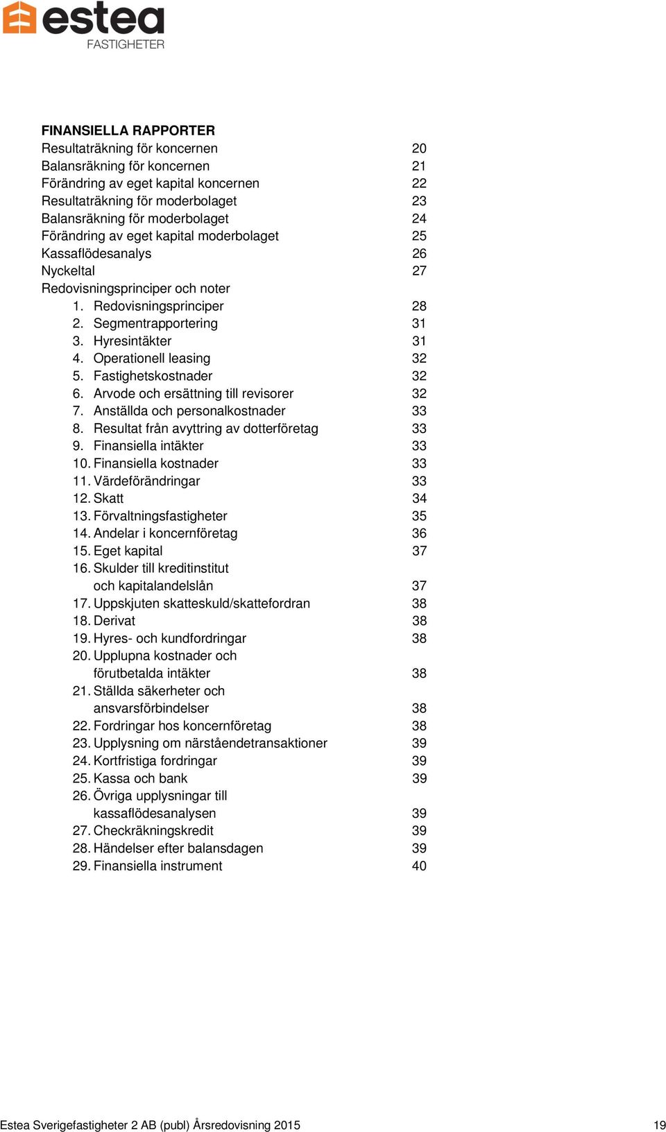 Operationell leasing 32 5. Fastighetskostnader 32 6. Arvode och ersättning till revisorer 32 7. Anställda och personalkostnader 33 8. Resultat från avyttring av dotterföretag 33 9.