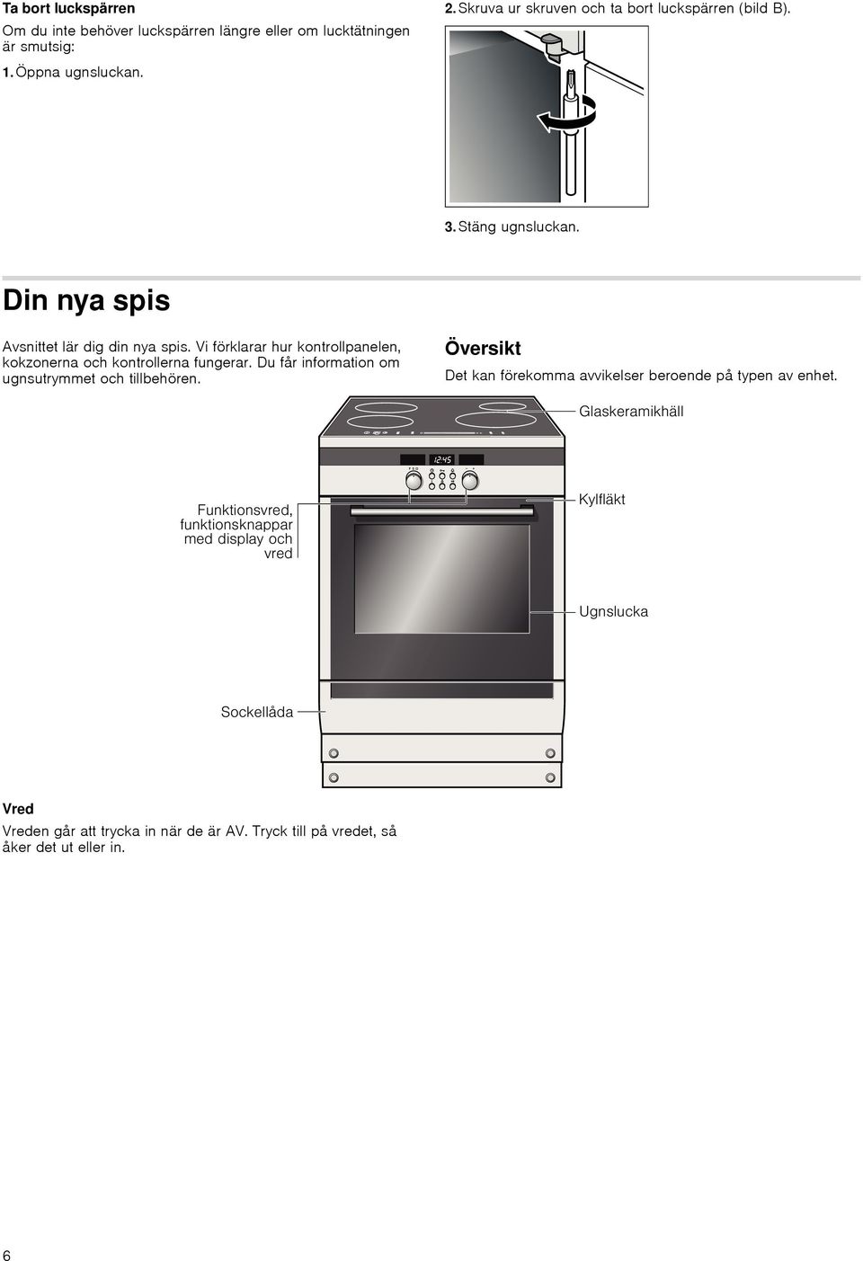 Vi förklarar hur kontrollpanelen, kokzonerna och kontrollerna fungerar. Du får information om ugnsutrymmet och tillbehören.