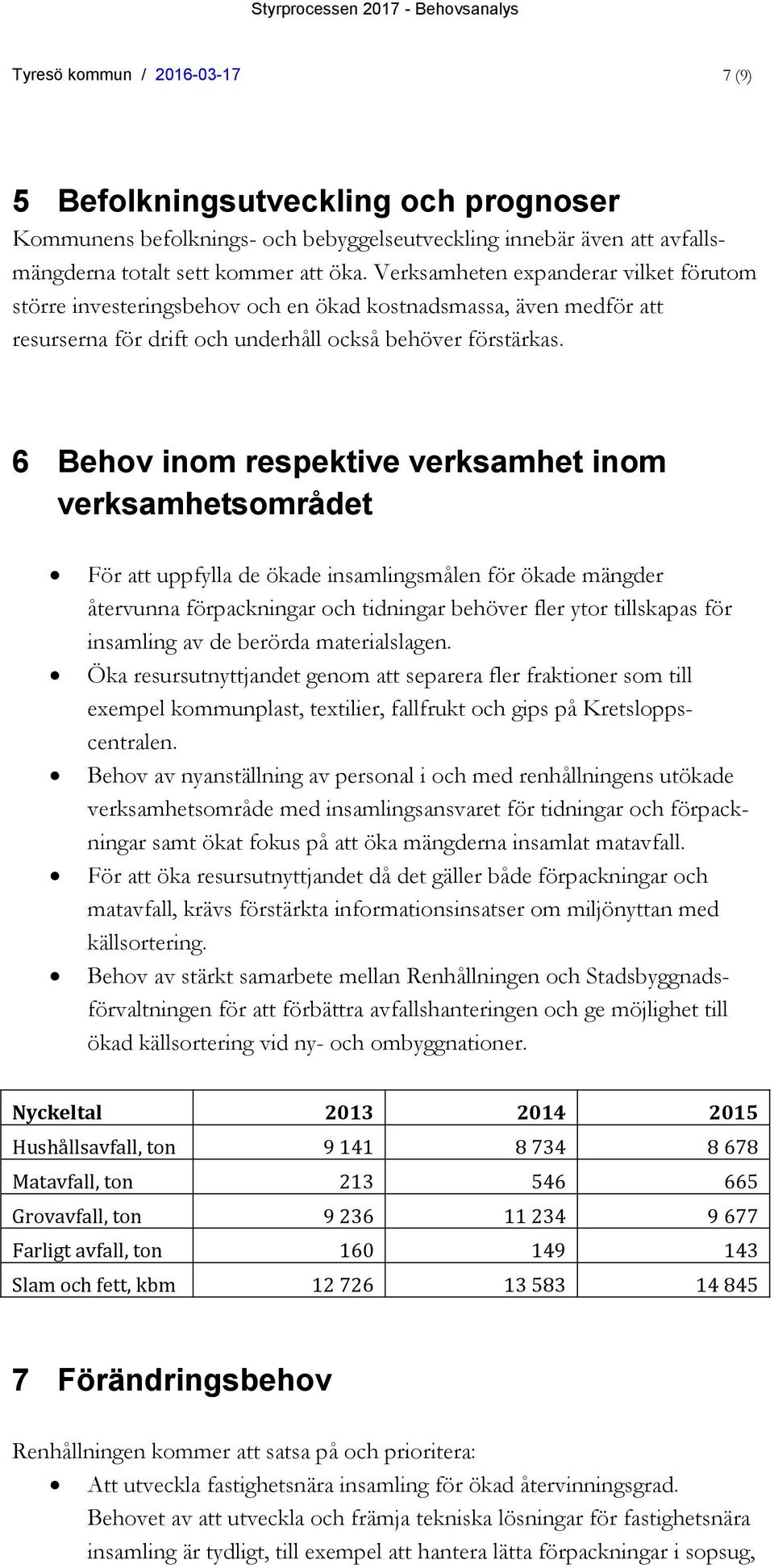 6 Behov inom respektive verksamhet inom verksamhetsområdet För att uppfylla de ökade insamlingsmålen för ökade mängder återvunna förpackningar och tidningar behöver fler ytor tillskapas för insamling