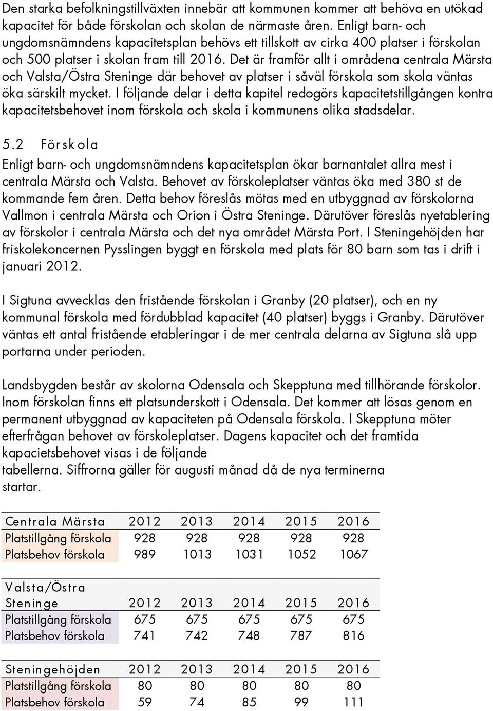 Det är framför allt i områdena centrala Märsta och Valsta/Östra Steninge där behovet av platser i såväl förskola som skola väntas öka särskilt mycket.