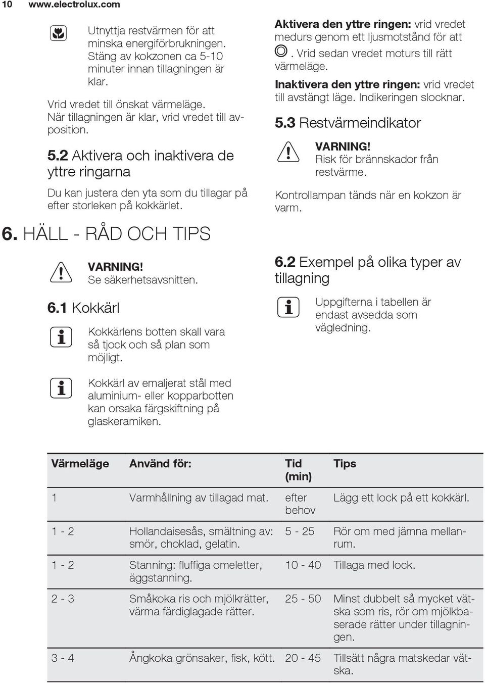 1 Kokkärl Se säkerhetsavsnitten. Kokkärlens botten skall vara så tjock och så plan som möjligt. Aktivera den yttre ringen: vrid vredet medurs genom ett ljusmotstånd för att.