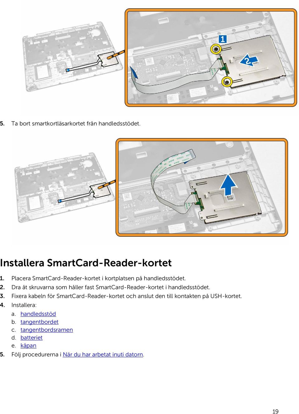 Dra åt skruvarna som håller fast SmartCard-Reader-kortet i handledsstödet. 3.