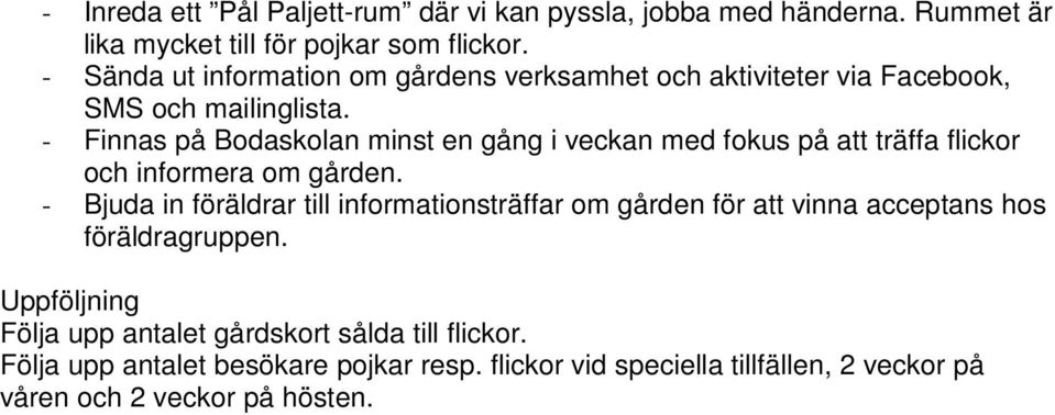 - Finnas på Bodaskolan minst en gång i veckan med fokus på att träffa flickor och informera om gården.