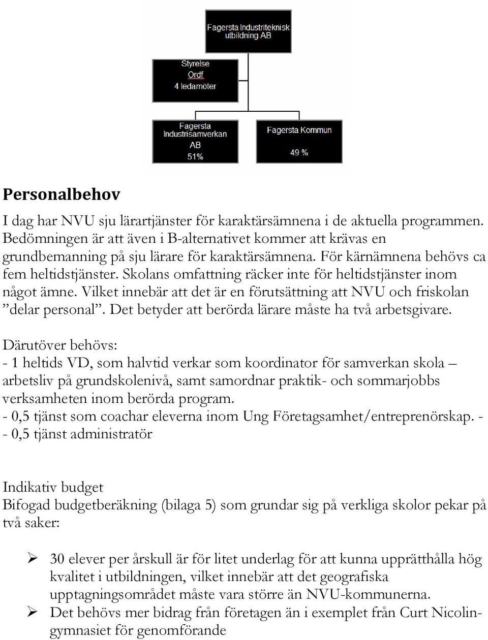 Skolans omfattning räcker inte för heltidstjänster inom något ämne. Vilket innebär att det är en förutsättning att NVU och friskolan delar personal.