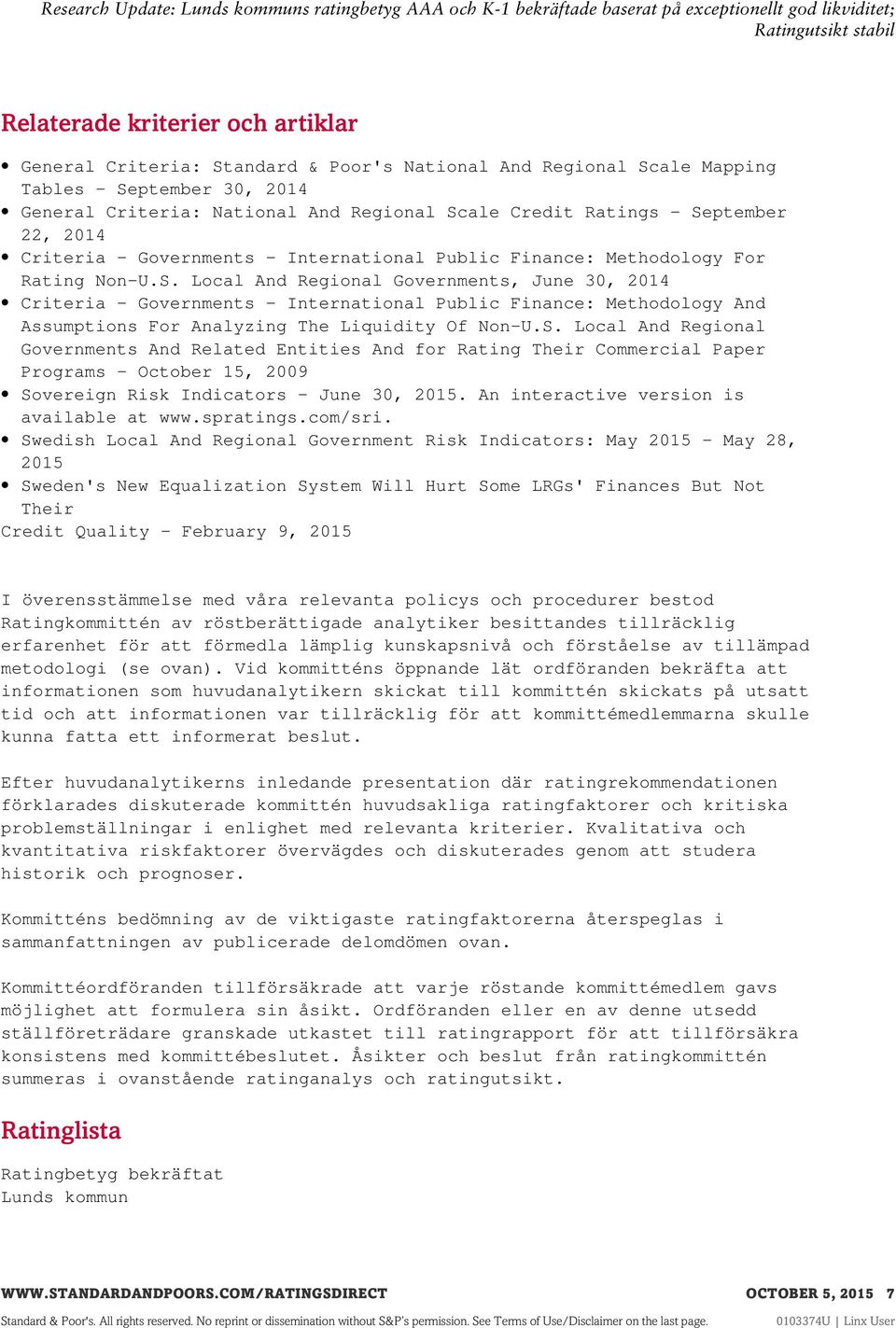 S. Local And Regional Governments And Related Entities And for Rating Their Commercial Paper Programs October 15, 2009 Sovereign Risk Indicators - June 30, 2015.