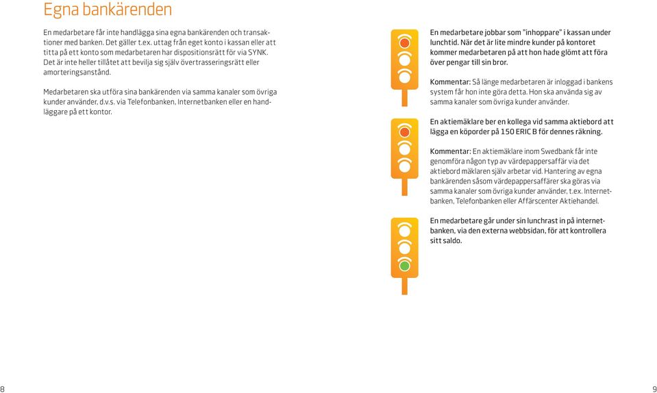 Det är inte heller tillåtet att bevilja sig själv övertrasseringsrätt eller amorteringsanstånd. Medarbetaren ska utföra sina bankärenden via samma kanaler som övriga kunder använder, d.v.s. via Telefonbanken, Internetbanken eller en handläggare på ett kontor.