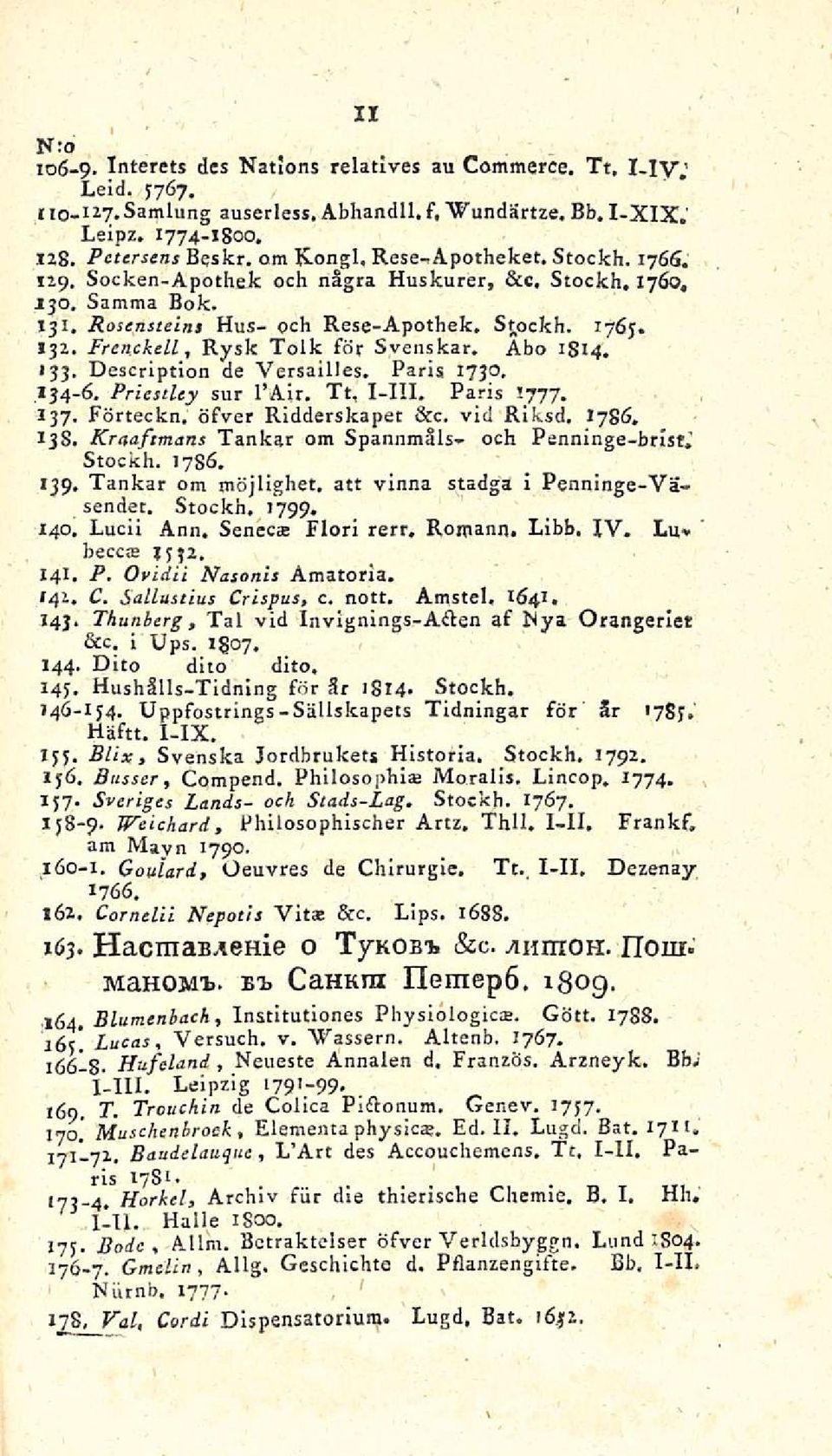 Åbo ISI4. 133. Description de Versailles, Paris 1730, 134-6. Priestley sur l Air. Tt, I-111. Paris 1777. 137. Förteckn. öfver Ridderskapet &c. vid Rlksd. 1786. 138.