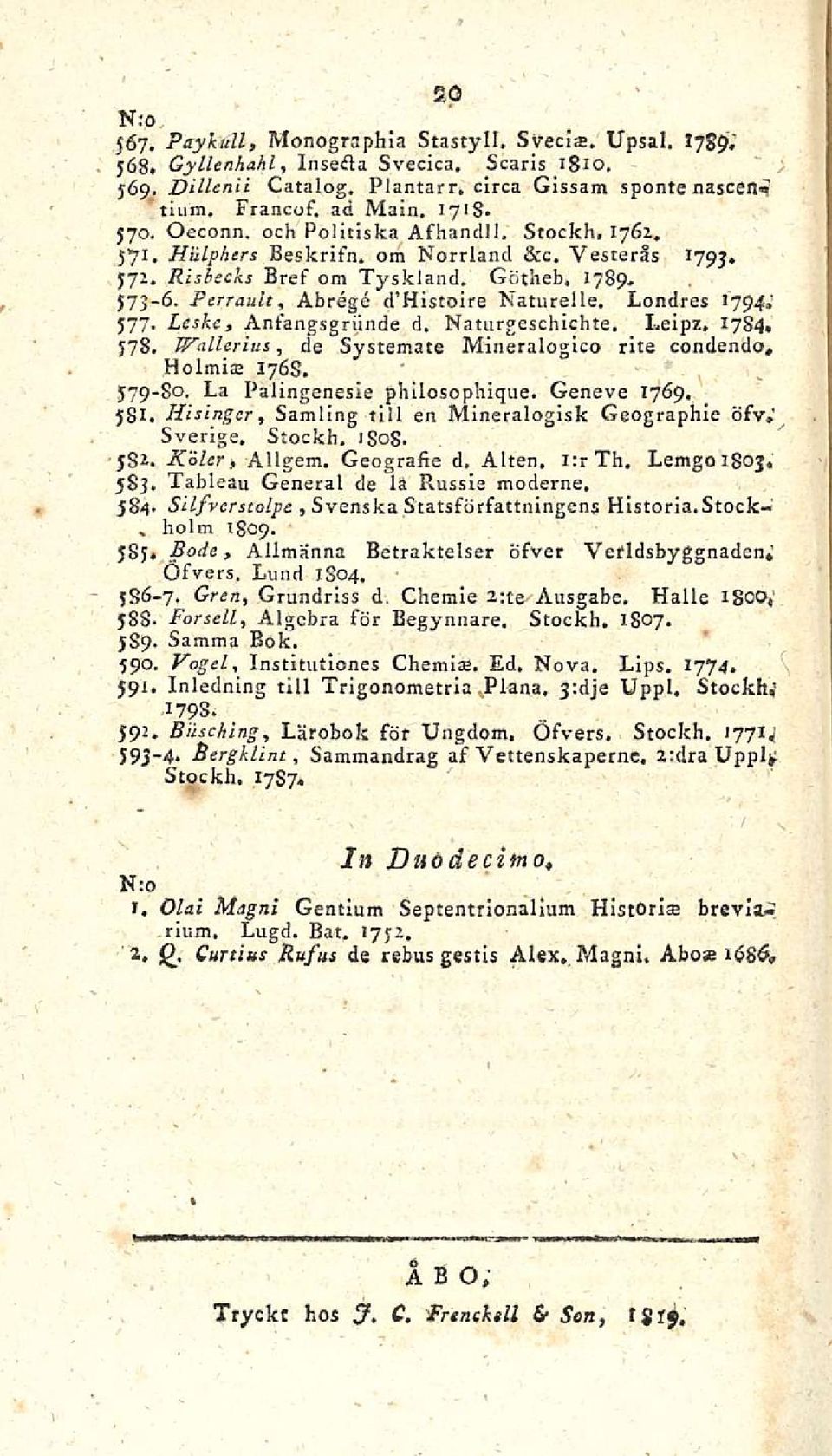 Perrault, Abrege d Histoire Naturelle. Londres 1794.' 577. Leski, Anfangsgriinde d. Naturgeschichte. Leipz. 1784. 578. WalUrius, de Systemate Mineralogico rite condendo, Holmia 1765.