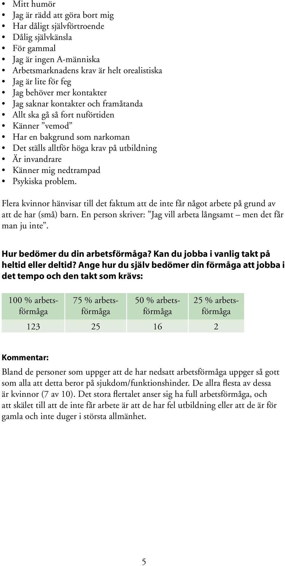 Psykiska problem. Flera kvinnor hänvisar till det faktum att de inte får något arbete på grund av att de har (små) barn. En person skriver: Jag vill arbeta långsamt men det får man ju inte.