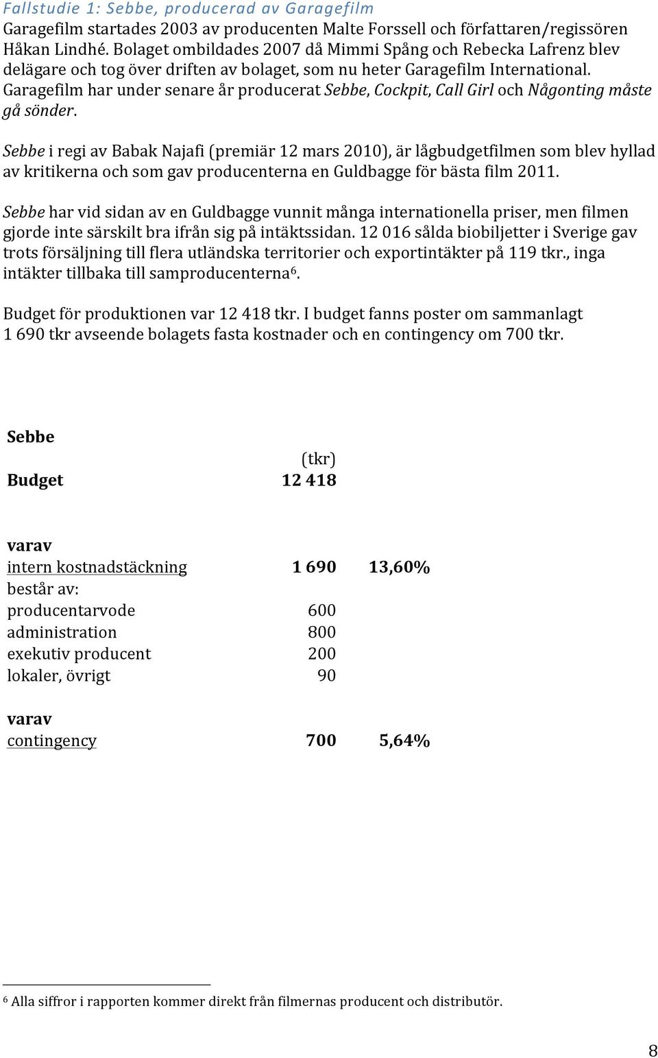 Garagefilm har under senare år producerat Sebbe, Cockpit, Call Girl och Någonting måste gå sönder.