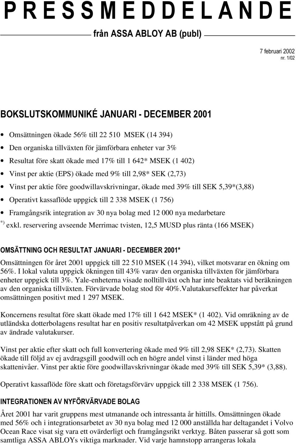 (EPS) ökade med 9% till 2,98* SEK (2,73) Vinst per aktie före goodwillavskrivningar, ökade med 39% till SEK 5,39*(3,88) Operativt kassaflöde uppgick till 2 338 MSEK (1 756) Framgångsrik integration