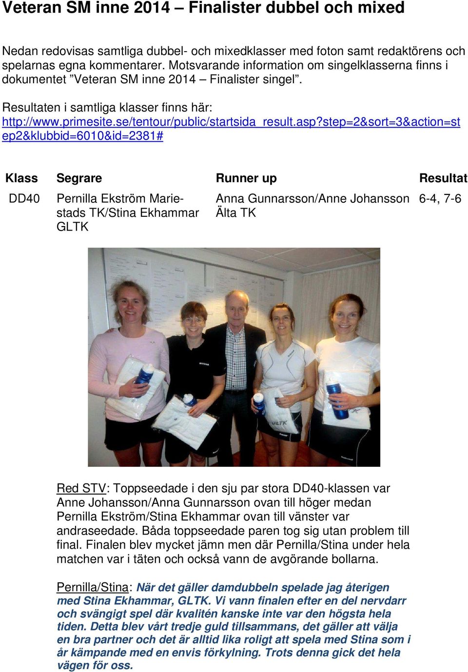 asp?step=2&sort=3&action=st ep2&klubbid=6010&id=2381# DD40 Pernilla Ekström Mariestads TK/Stina Ekhammar GLTK Anna Gunnarsson/Anne Johansson Älta TK 6-4, 7-6 Red STV: Toppseedade i den sju par stora