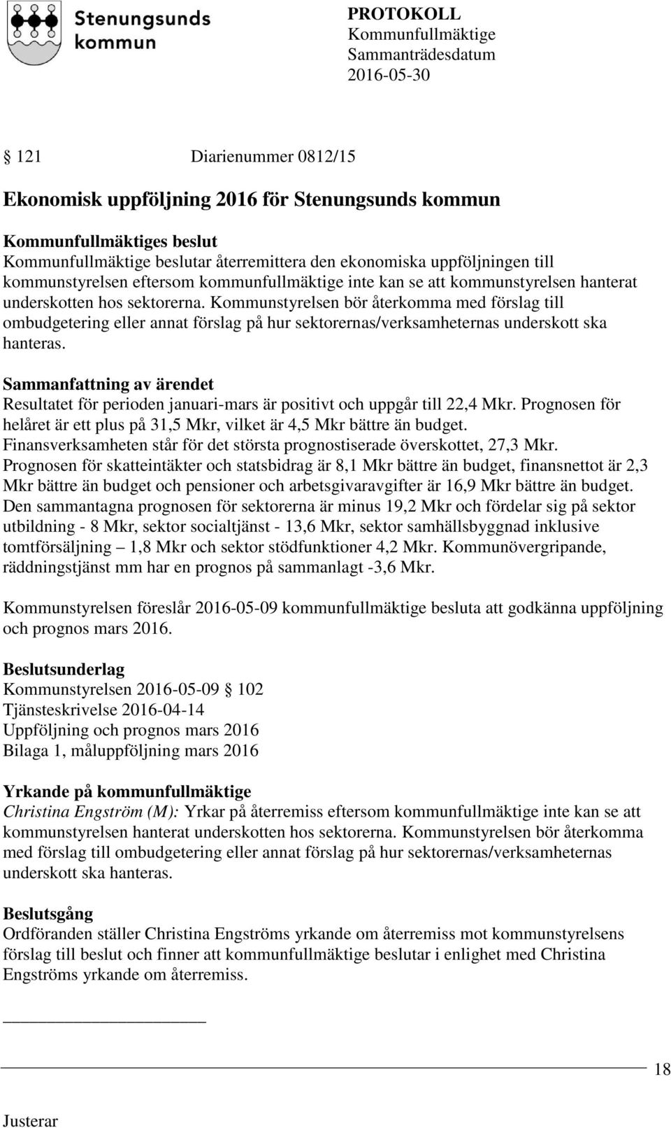 Resultatet för perioden januari-mars är positivt och uppgår till 22,4 Mkr. Prognosen för helåret är ett plus på 31,5 Mkr, vilket är 4,5 Mkr bättre än budget.