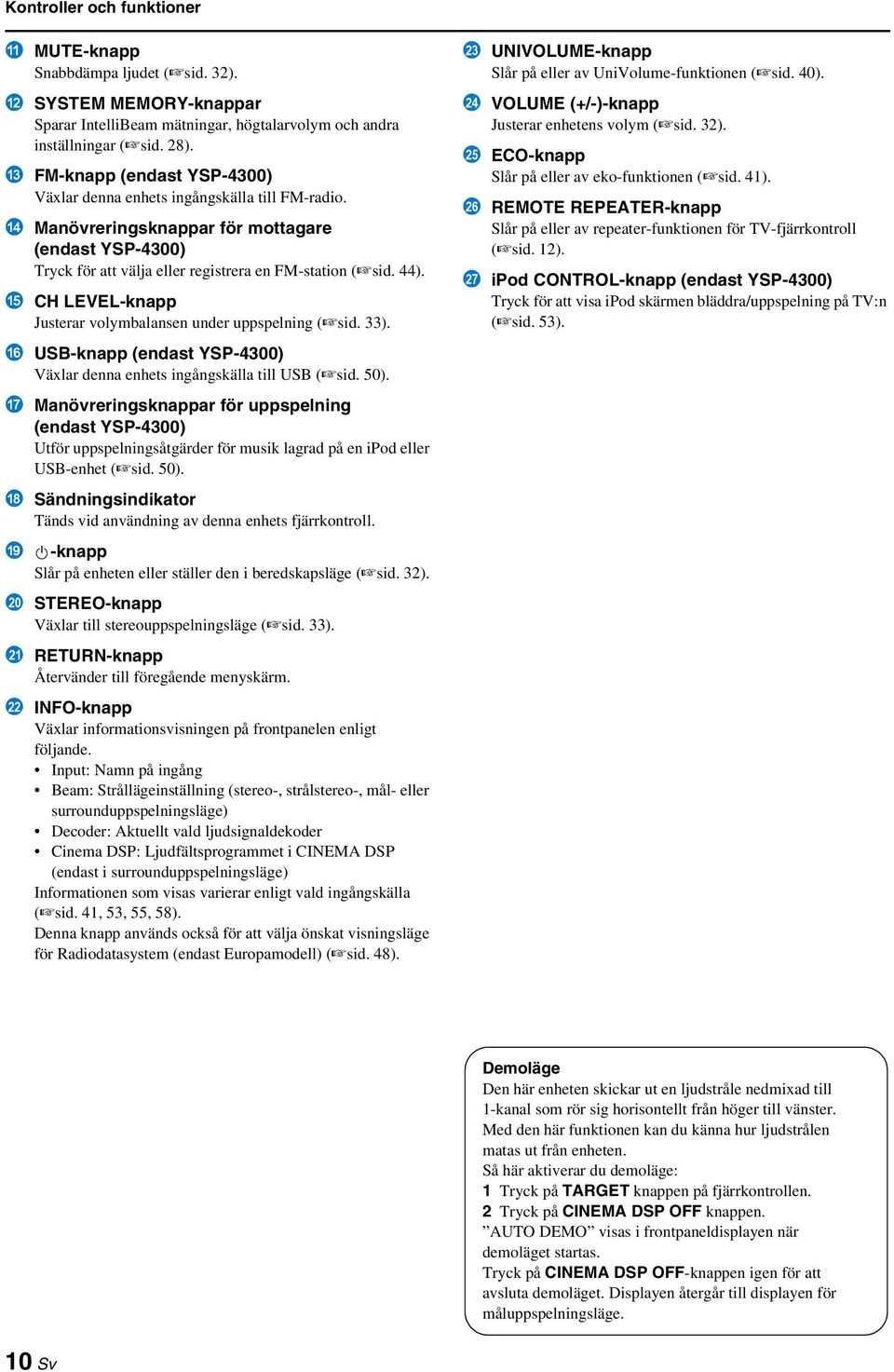 e CH LEVEL-knapp Justerar volymbalansen under uppspelning ( sid. 33). f USB-knapp (endast YSP-4300) Växlar denna enhets ingångskälla till USB ( sid. 50).