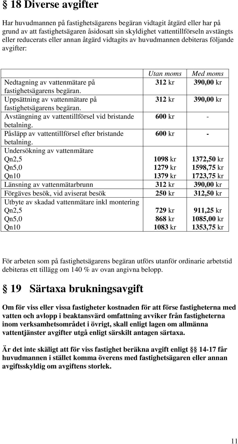 Uppsättning av vattenmätare på 312 kr 390,00 kr fastighetsägarens begäran. Avstängning av vattentillförsel vid bristande 600 kr - betalning.