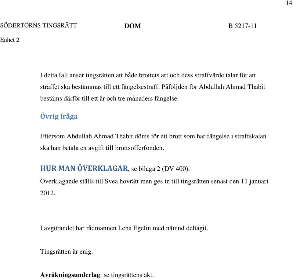 Övrig fråga Eftersom Abdullah Ahmad Thabit döms för ett brott som har fängelse i straffskalan ska han betala en avgift till brottsofferfonden.