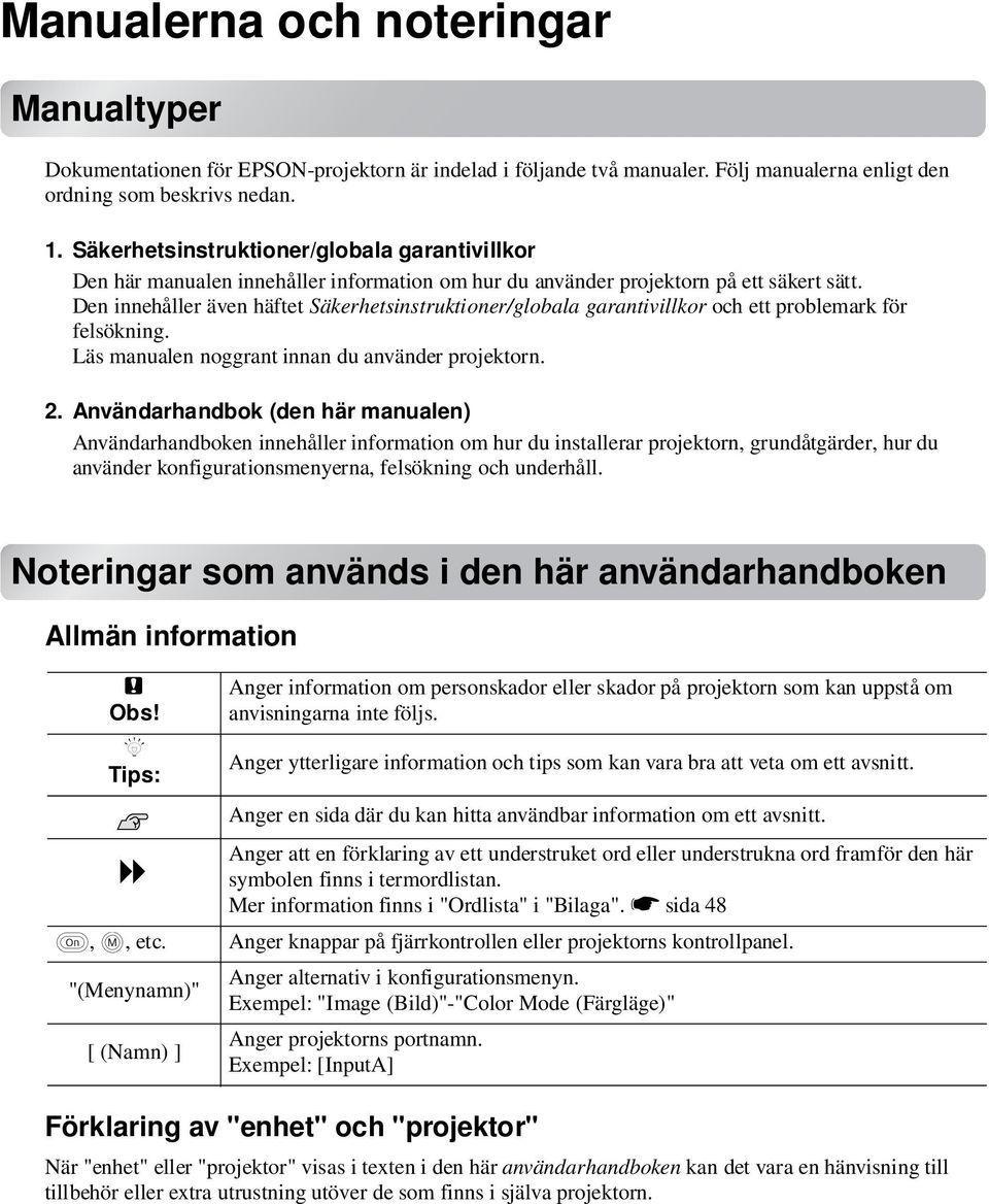 Den innehåller även häftet Säkerhetsinstruktioner/globala garantivillkor och ett problemark för felsökning. Läs manualen noggrant innan du använder projektorn. 2.