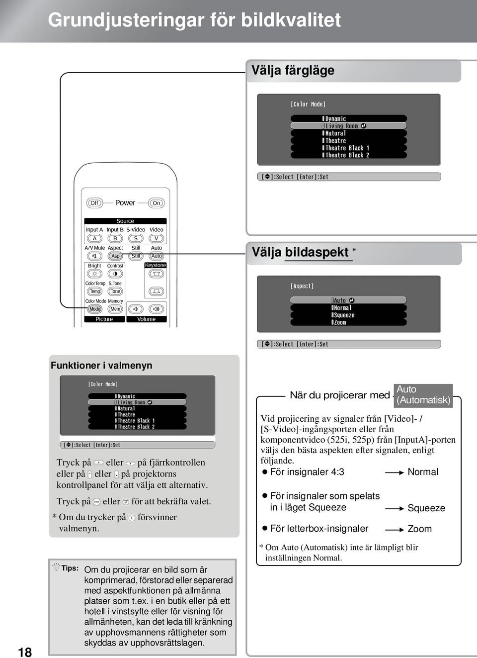 Vid projicering av signaler från [Video]- / [S-Video]-ingångsporten eller från komponentvideo (525i, 525p) från [InputA]-porten väljs den bästa aspekten efter signalen, enligt följande.