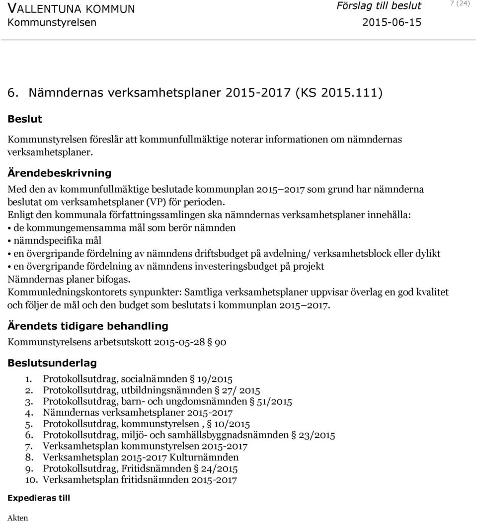 Enligt den kommunala författningssamlingen ska nämndernas verksamhetsplaner innehålla: de kommungemensamma mål som berör nämnden nämndspecifika mål en övergripande fördelning av nämndens driftsbudget