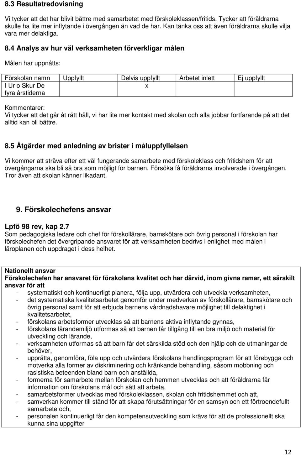 4 Analys av hur väl verksamheten förverkligar målen Målen har uppnåtts: Förskolan namn Uppfyllt Delvis uppfyllt Arbetet inlett Ej uppfyllt I Ur o Skur De x fyra årstiderna Kommentarer: Vi tycker att