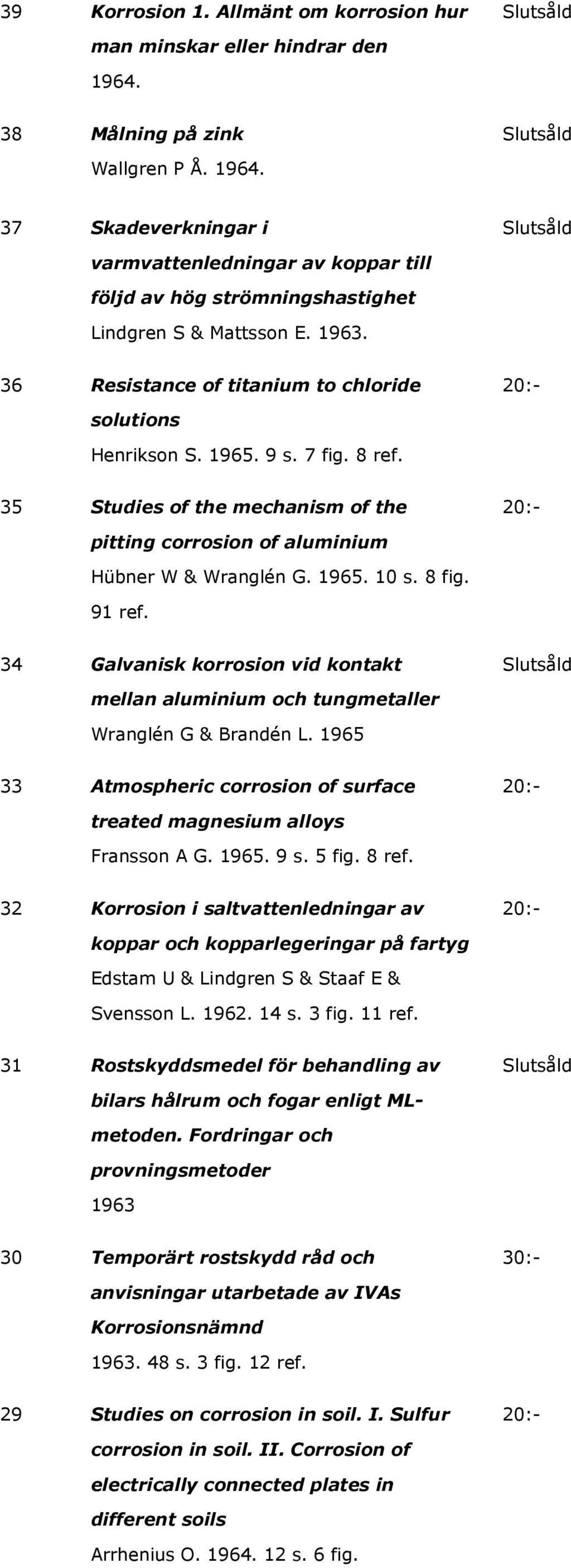 91 ref. 34 Galvanisk korrosion vid kontakt mellan aluminium och tungmetaller Wranglén G & Brandén L. 1965 33 Atmospheric corrosion of surface treated magnesium alloys Fransson A G. 1965. 9 s. 5 fig.