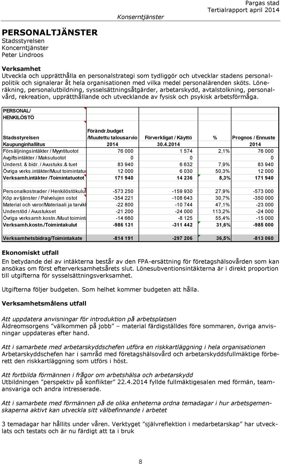 Löneräkning, personalutbildning, sysselsättningsåtgärder, arbetarskydd, avtalstolkning, personalvård, rekreation, upprätthållande och utvecklande av fysisk och psykisk arbetsförmåga.