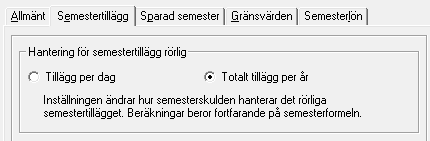 Användarmeddelande Flex Lön version 16.3a 4 Rörligt semestertillägg som totalsumma per år Det finns två olika sätt att hantera rörligt semestertillägg.