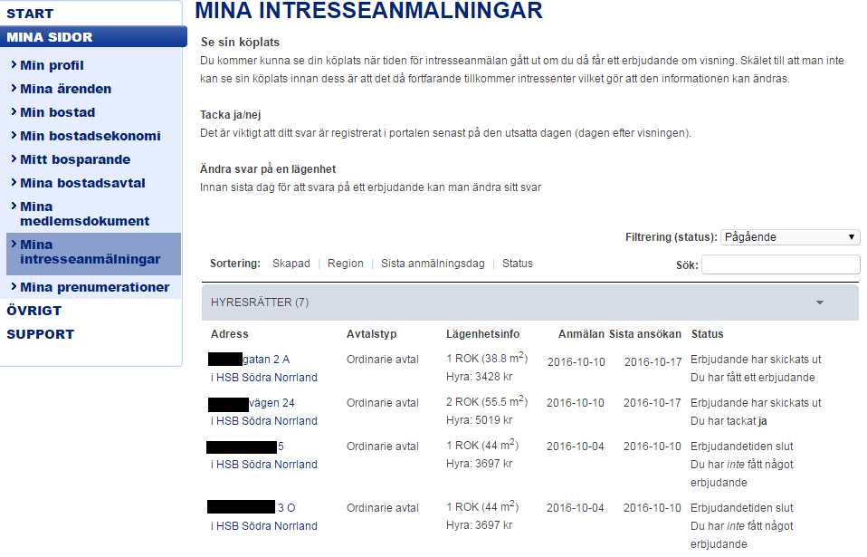 MINA SIDOR MINA INTRESSEANMÄLNINGAR Under menyval Mina intresseanmälningar kan du se och följa dina intresseanmälningar.