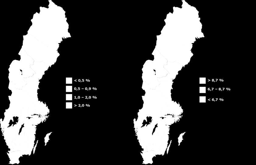 10 Förväntad procentuell sysselsättningsförändring (16-64 år) mellan kvartal 4 2016 och kvartal 4 2017 Inskrivna arbetslösa 16-64 år som andel av registerbaserad arbetskraft, prognos kvartal 4 2017