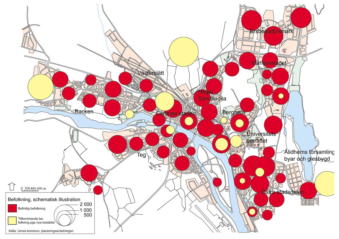 4 FÖRUTSÄTTNINGAR 4.1 Markanvändning Befolkning och sysselsatta, nuläge Folkmängden i Umeå kommun uppgår (1998) till cirka 103 500 invånare.