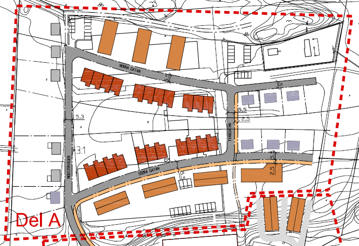 Del A Delen längst norrut i planområdet benämns fortsättningsvis som Del A. Här skall ett flertal bostadshus (lägenheter, samt radhus) uppföras.