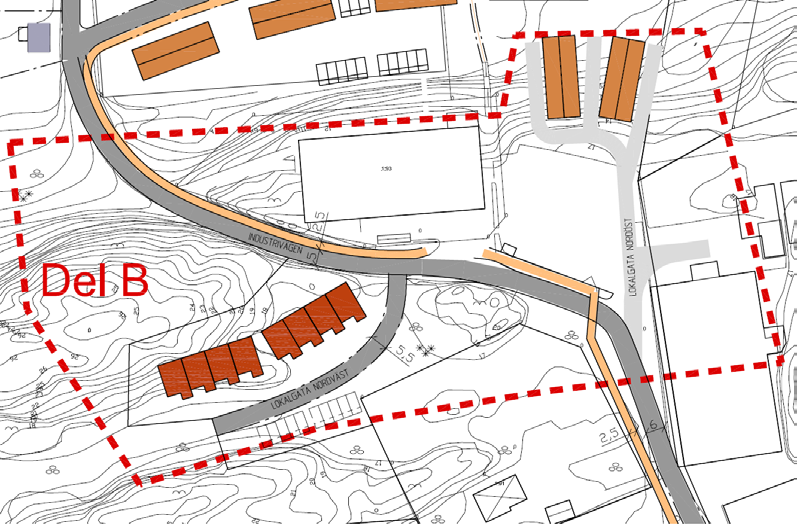 Del B I mittdelen (fortsättningsvis Del B) av planområdet skall nya radhus uppföras. Dessa angörs via en mindre lokalgata (lokalgata nordväst). Industrivägen löper genom området, se figur 15.