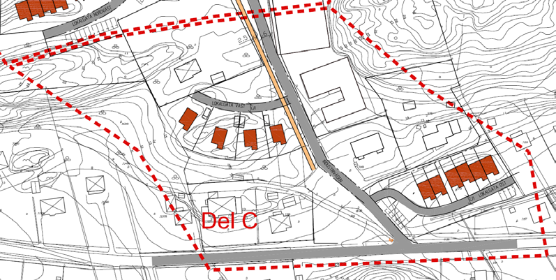 Del C I den södra delen av planområdet (fortsättningsvis Del C) skall två nya bostadsområden uppföras. Det ena via en lokalgata (lokalgata öst) som löper parallellt med Storgatan.