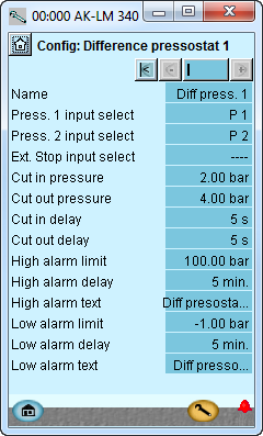 Konfiguration - fortsatt Differens pressostat 1. Gå till Konfigurationsmeny 2. Välj Difference pressostat 3. Difference pressostat I vårt exempel använder vi de inställningar som visas.
