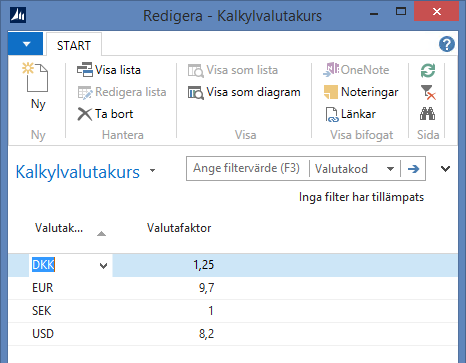 Kalkylvaluta Ett underregister där det finns möjlighet att ange växelkurser om du valt att markera rutan använd kalkylvaluta.